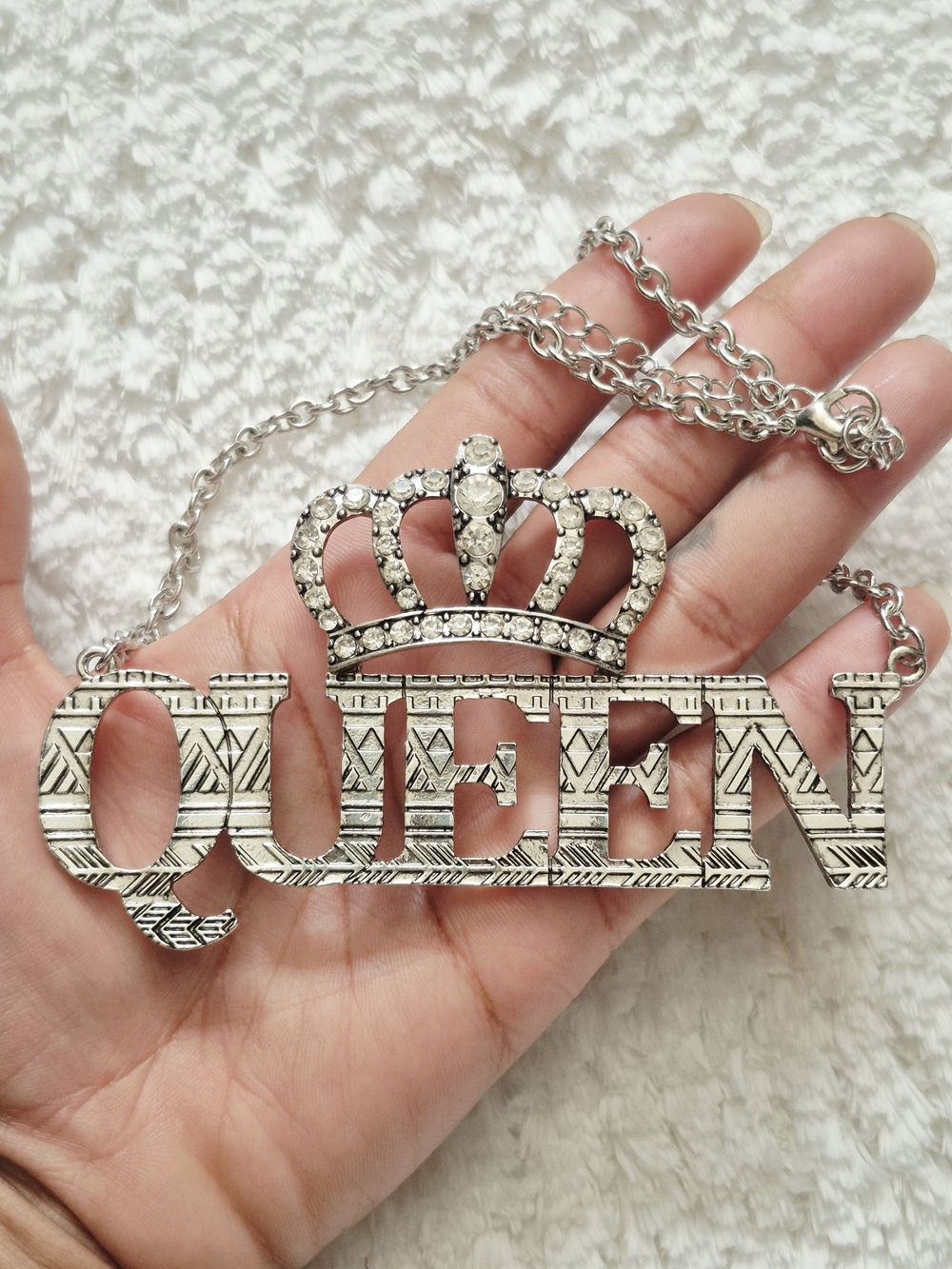 Silver Tone 'Queen' Crown Pendant Necklace